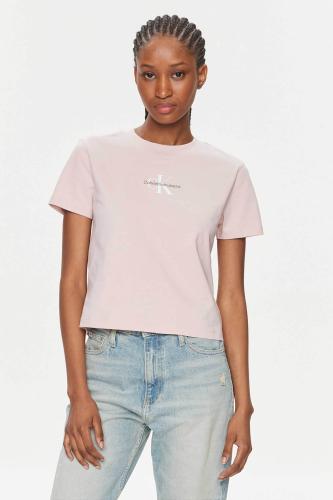 CK Jeans γυναικείο T-shirt cropped με κεντημένο logo μπροστά - J20J223113 Ροζ
